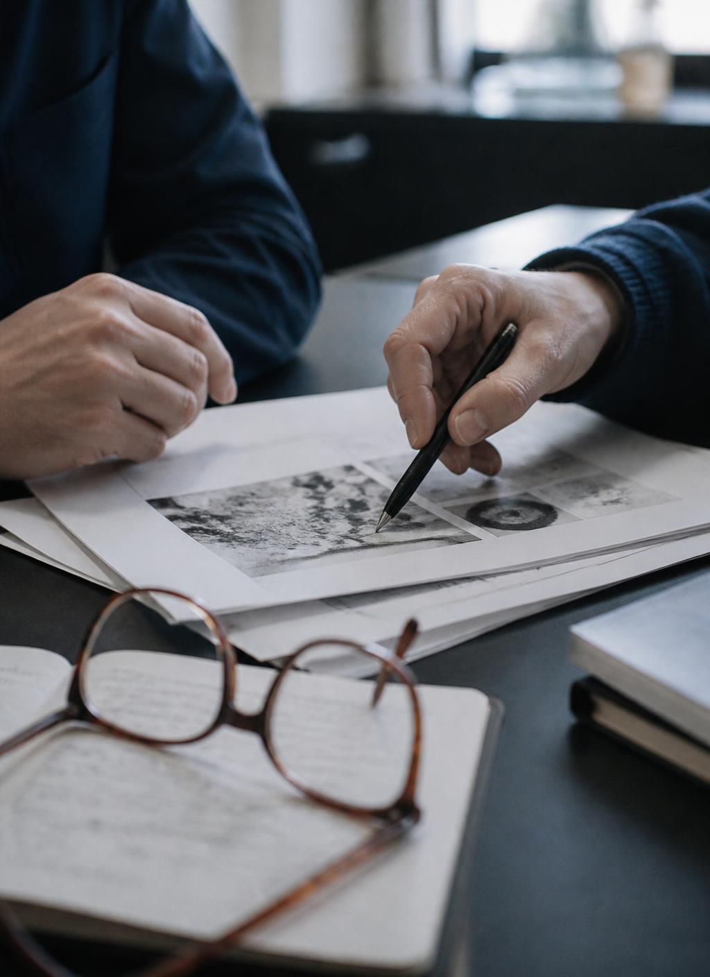 Hands annotating printed protocol pages beside a notebook and reading glasses