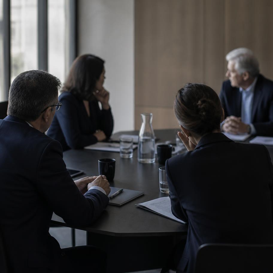 Small advisory board meeting around a table in muted daylight