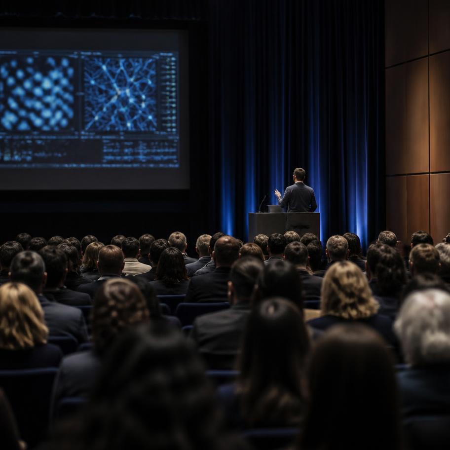 Speaker presenting scientific data to a seated symposium audience