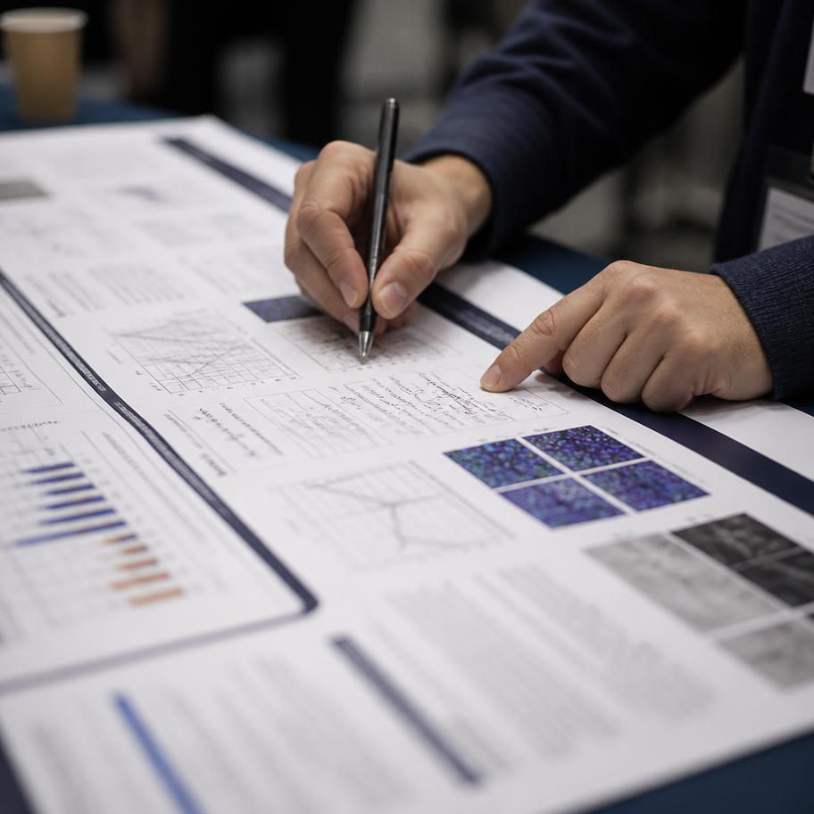 Hands annotating a printed scientific poster with a pen