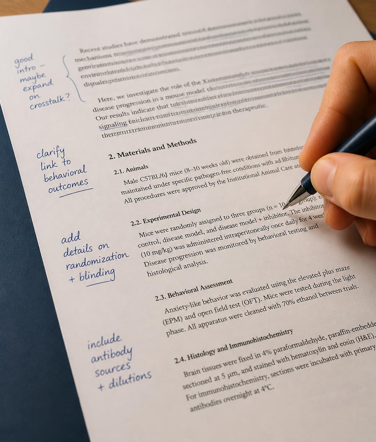 Close-up of a scientific manuscript being annotated by hand