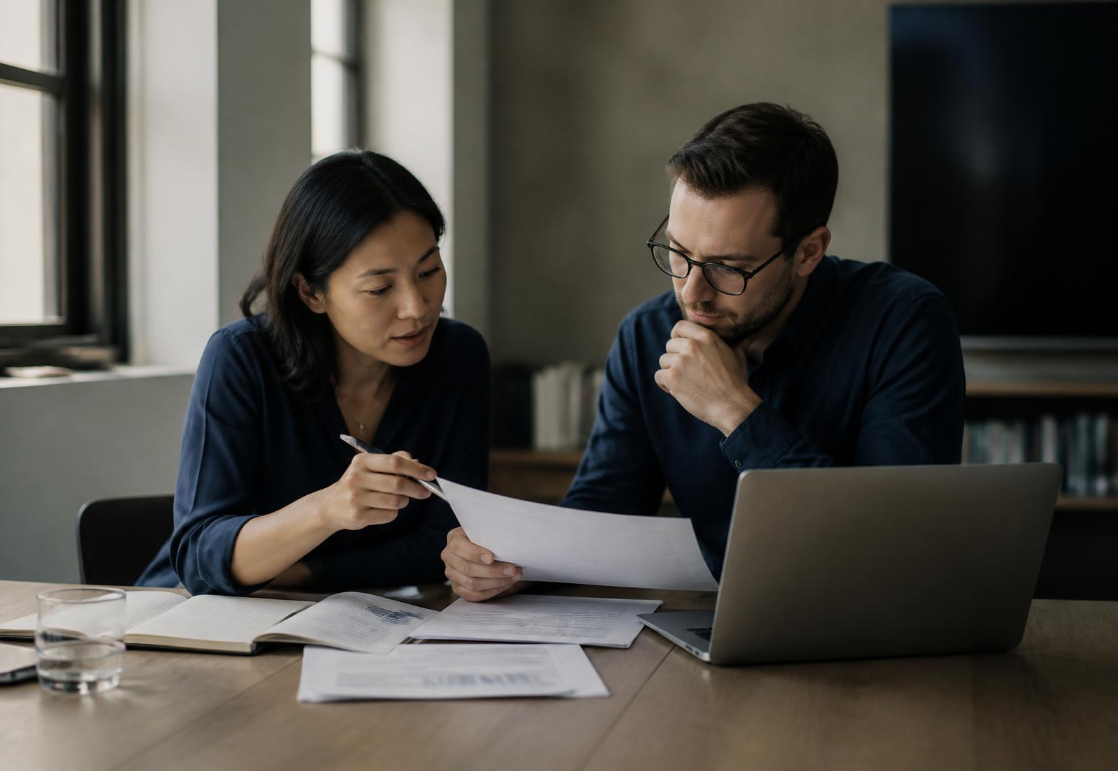 Two colleagues reviewing printed scientific documents and a laptop in natural light